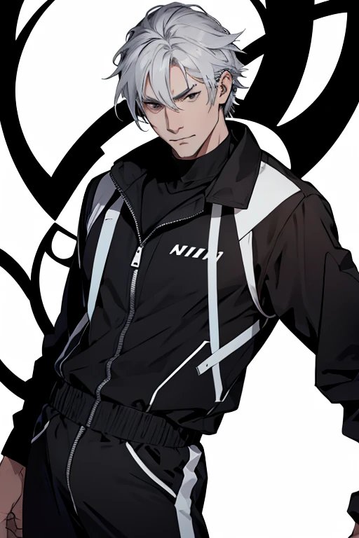 Monochrome、White background、A grey-haired man in a black jumpsuit is looking at the camera、