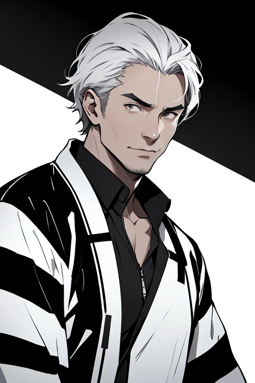 Monochrome、White background、A grey-haired man in a black jumpsuit is looking at the camera、