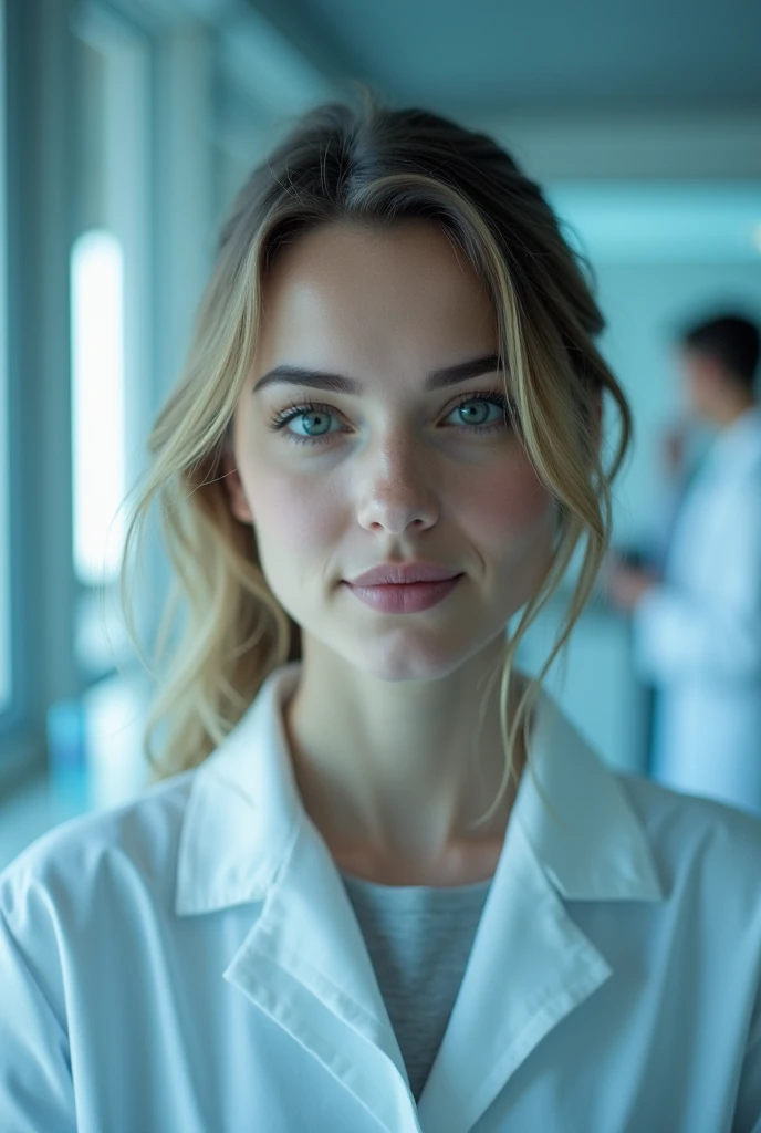 A woman in a labcoat inside a test tube