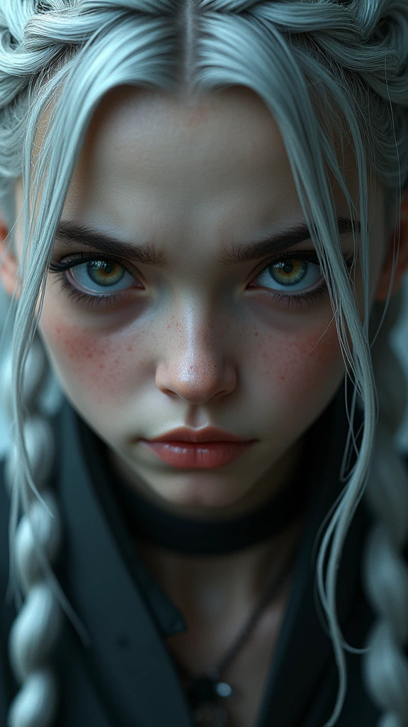 A 22-year-old girl with silver braided hair, intimidating expression, dark fantasy, detailed face, beautiful eyes, high quality, intricate details, cinematic lighting, dramatic colors, photorealistic, fantasy art