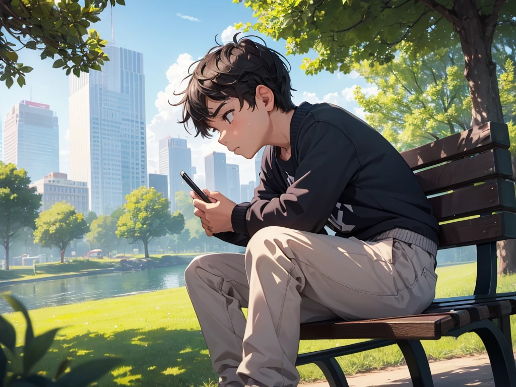 A young boy approximately sits cross-legged on a park bench, intently focused on his iPad screen. He holds an Apple Pencil in his hand, sketching a detailed landscape with vibrant colors and bold strokes. The iPad's screen is visible, showcasing his artistic talent as he captures the scene before him. The boy's face is illuminated by the iPad's screen, his brow furrowed in concentration.