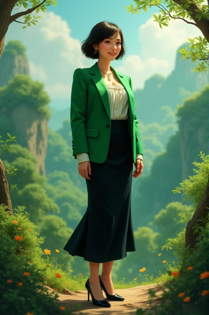 (RAW Photos:1.2), (Realistic:1.4),Beautiful detailed woman,非常にBeautiful Eyesと顔, Beautiful Eyes, Very detailed,High resolution, Very detailed,Highest quality,Consciousness upward,Unified,8k wallpaper,masterpiece,Highest quality,1 female,alone,rich,Ezvian everywhere,(A little chubby:0.85),Thick legs,alone,(Bright green business suit),(White ruffled blouse)、(Black long tight skirt:1.6),(pumps),jewelry, necklace ,short hair,A kind smile,A dignified atmosphere,black eye,Realistic,(The background is a vast forest:1.6)、Green Grove、in the forest , plateau,(Stand upright:1.4),Blowjob face