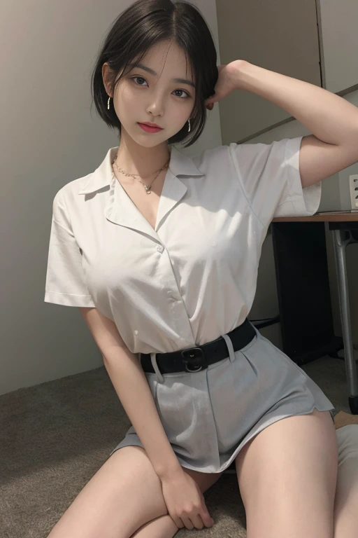 Korean school uniform，Summer uniform shirt，Ribbon Ties，White chool Classroom，school stairs，Chest thrust pose，（the breasts are large），8K raw photos，A high resolution，cool Korean at 16 years old，very large round breasts，beautiful eyes in detail，long eyelasher，beautiful double eyelid，eye shadows，eyes liner，Cut Eyes，Elongated eye shape，Sanpaku eyes，evilsmile，Evil expression， Beautiful very thin legs，Beautiful very thin thighs，Random short hair，Hair tied behind the head，large circle earrings，（Short messy hair），（Crystal necklace）With gray eyes（with black curled hair）（Close-up），（Wrapped feeling）（High illumination）（Gorgeous lips）（（Face macro））