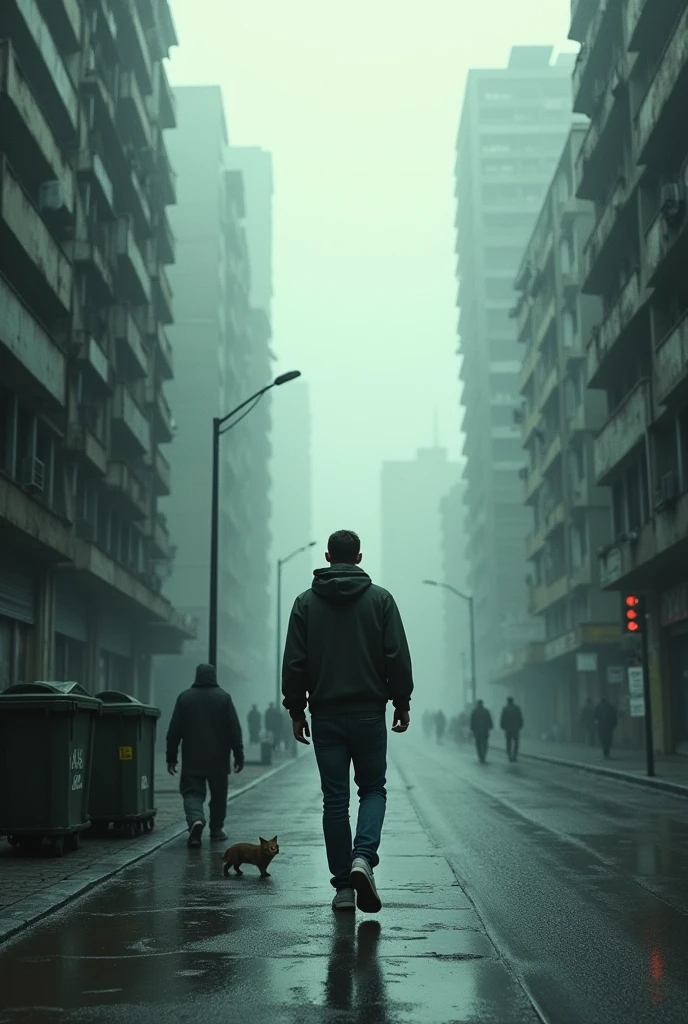 A Young skinny man with a hoodie and jeans, walking away down a street, in a dark city surrounded by fog, rainy day, in the morning light, with high degraded buildings, a cat running to a garbage dumpster, some people walking around.