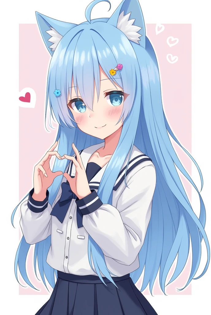 One girl, blue eyes, Long Hair, Blue Hair, Long sleeve, bangs, Cat ear, hair ornaments, Sleeves are longer than the wrist, blush, Staring at the audience, Hair between the eyes,beautiful girl, Heart symbol on background,High School Uniform,smile,s old,Fellatio gestures