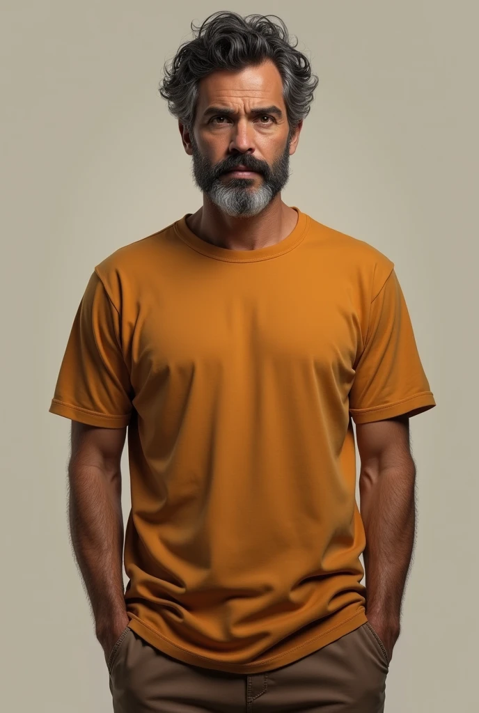 Man with ochre-colored t-shirt and brown pants