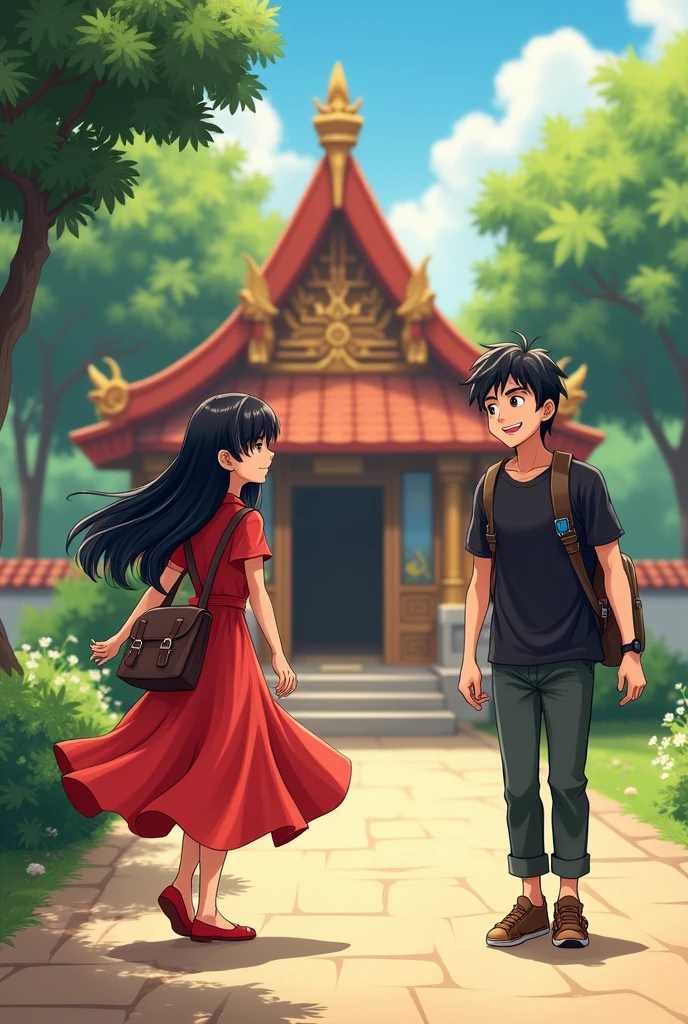 A girl in red dress walking beside small hindu temple with long black hair and with a bag on her back.
A long man looking the girl with very happiness who is wearing black shirt and a bag on his back