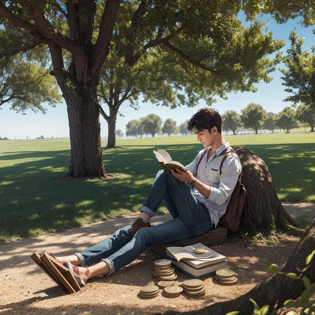 Design an image of a person reading a book under a tree, with coins and books scattered around, representing personal growth and investment.
