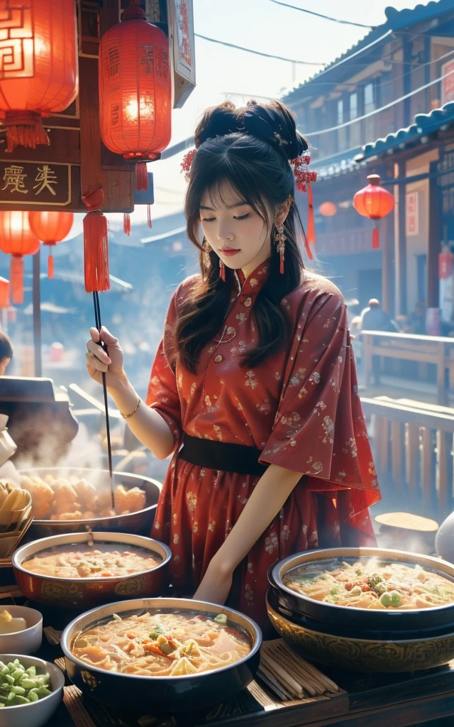 (Wide-angle lens, Wide-angle lens,panoramic:1.2),Super Vision, Super wide-angle low-angle shooting, 超Wide-angle lens, Dynamic Angle, view, High Point,POV Hot Pot
(dramatic, Perseverance, intense:1.4),masterpiece, best quality, 32k UHD, Crazy details, Intricate details, Ultra Detailed, Ultra-high quality, High Detail, Extremely detailed, masterpiece,
1 Girl, Focus only, Food stalls;Street vendors,Chopsticks,  blue, White, Black, Red, purple, orange, pink, Green Tension Shot(visual impact,使海报具有动感和visual impact力:1.2),Chinese Zen style,impactful picture,
