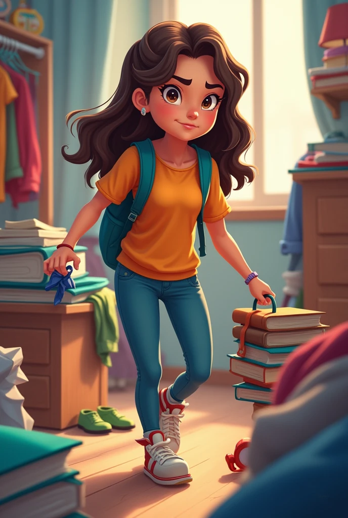 Scene 5: Packing to Go Home**
- **Visual Description**: A busy shot of Sara frantically packing her bag to leave for home from hostel, and she has a determined look on her face.
. Use same character as last use cartoon cartoon character as sara