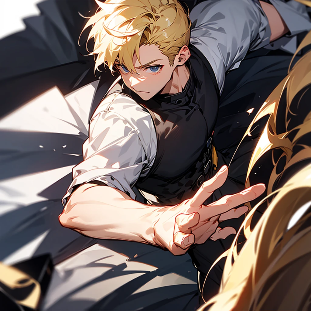 High-resolution model, Highest quality, Blonde、Reach out、injury、hero、male、Character profile, 