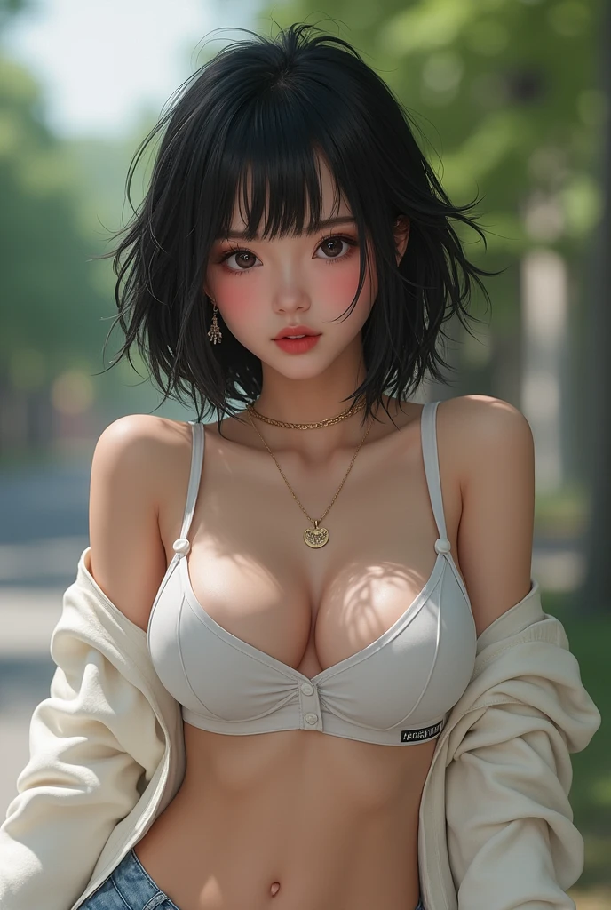(Masterpiece, best quality, photorealistic, highres, photography, :1.3), close-up shot, sharp focus, (1 girl,black hair, girl, hot model), realistic skin, (slim body shape, perfect body, beautiful midriff, thin waist, cleavage), short hairstyle, extremely detailed hair, delicate sexy face, sexual gaze, shiny lips, ((wearing cropped shirt with white cardigan, wearing pendant)), lean forward, spread hand, outdoor, ((vivid light, dynamic lighting, realistic, super realistic, realism, realistic detail)) cyan color opened bra