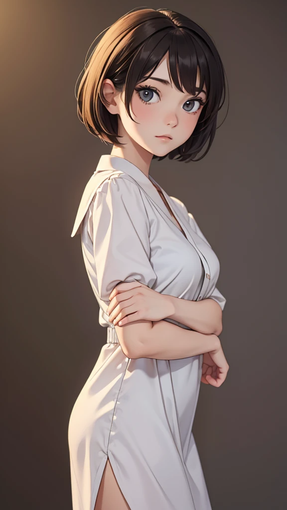 (((masterpiece, best quality, ultra highres, 1 girl, solo, no background))), super detailed skin and face and eyes and finger, beautiful japanese woman, small breasts:1.5, skinny, light brown hair, very short pixie hair, cowboy shot, The background should be simple, outline, anime, 2d, boyish, expressionless, cartoon, casual dress,