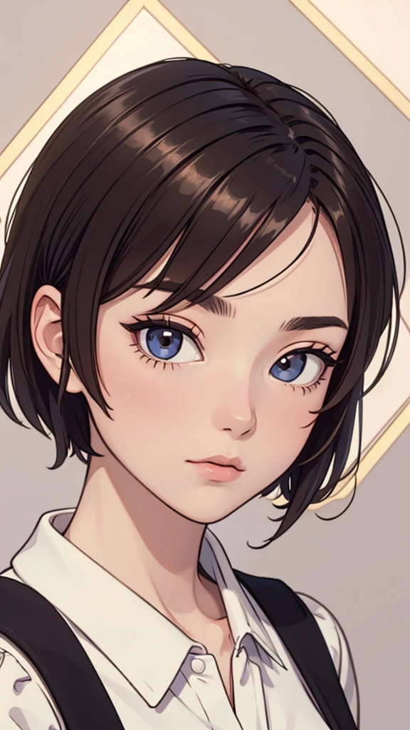 (((masterpiece, best quality, ultra highres, 1 girl, solo, no background))), super detailed skin and face and eyes and finger, beautiful japanese woman, small breasts:1.5, skinny, light brown hair, very short pixie hair, cowboy shot, The background should be simple, outline, anime, 2d, boyish, expressionless, cartoon, casual dress,