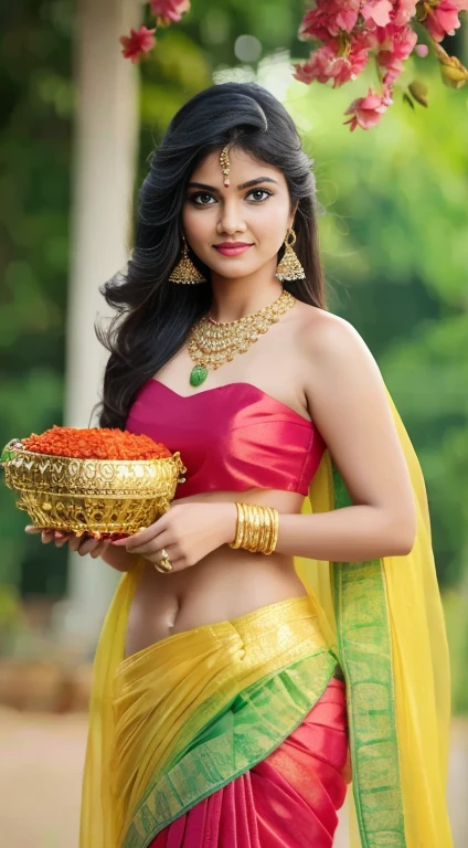 wear designer printed Saree and strapless bra, a bindi on the center of the forehead, green saree and green blouse, full body covered in clothes, Indian temples in background, flower basket, very well dressed, going to temple for prayers, golden heavy jewellery, very beautiful 25 year old indian girl, full body photo, mehendi in hands, random hair style, holding Puja plate with Puja items for lord Shiva, lord Shiva temple in background, jewelry, gem, necklace, necklace set, tika, vermilion, nathiya, ear rings, mangalsutra, golden haar, gold bracelet, anklets, thick lips, holding flower basket for Puja in hand, skindentation, parted lips, full body photo from front, beautiful face, beautiful body, (detailed eyes), ulzzang-6500-v1.1, thick eyelashes, long eyelashes, random hair style, broad light, backlighting, bloom, light sparkles, chromatic aberration, sharp focus, Nikon Z 85mm, unparalleled masterpiece, ultra-realistic 8k photos, best quality masterpiece, best quality,