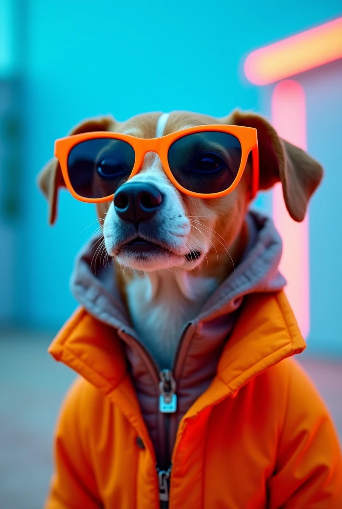 The best cell phone wallpaper, Award-Winning Wallpaper, portrait photography, In the front view is a portrait of a cute dog wearing mid-1960s space age fashion, Side view photo, Shot with Canon EOS R5, Set a strong contrast that accentuates the subject, Fluorescent blue tone, Wearing a very modern coat and sunglasses is a modern 1960s style, Clothes all in one color, beautiful background