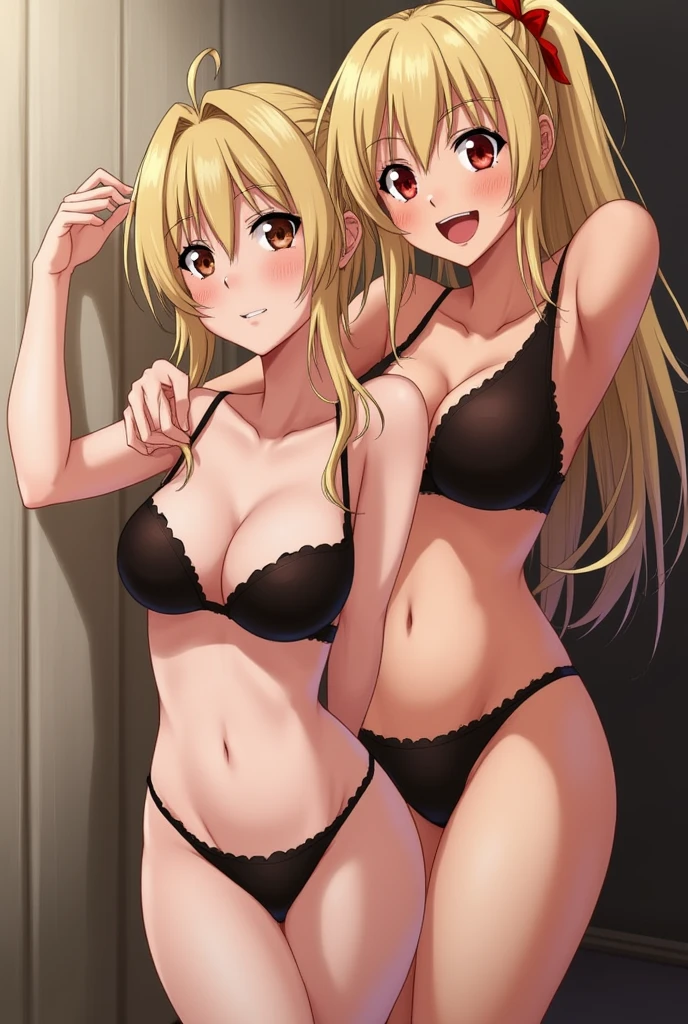 neckline, detailed, High resolution, sensual, Wide hips, 2 girls, Red eyes, blond hair, by the wide, with sexy lingerie, big breasts, improve, Lips, Naughty girl smile, House