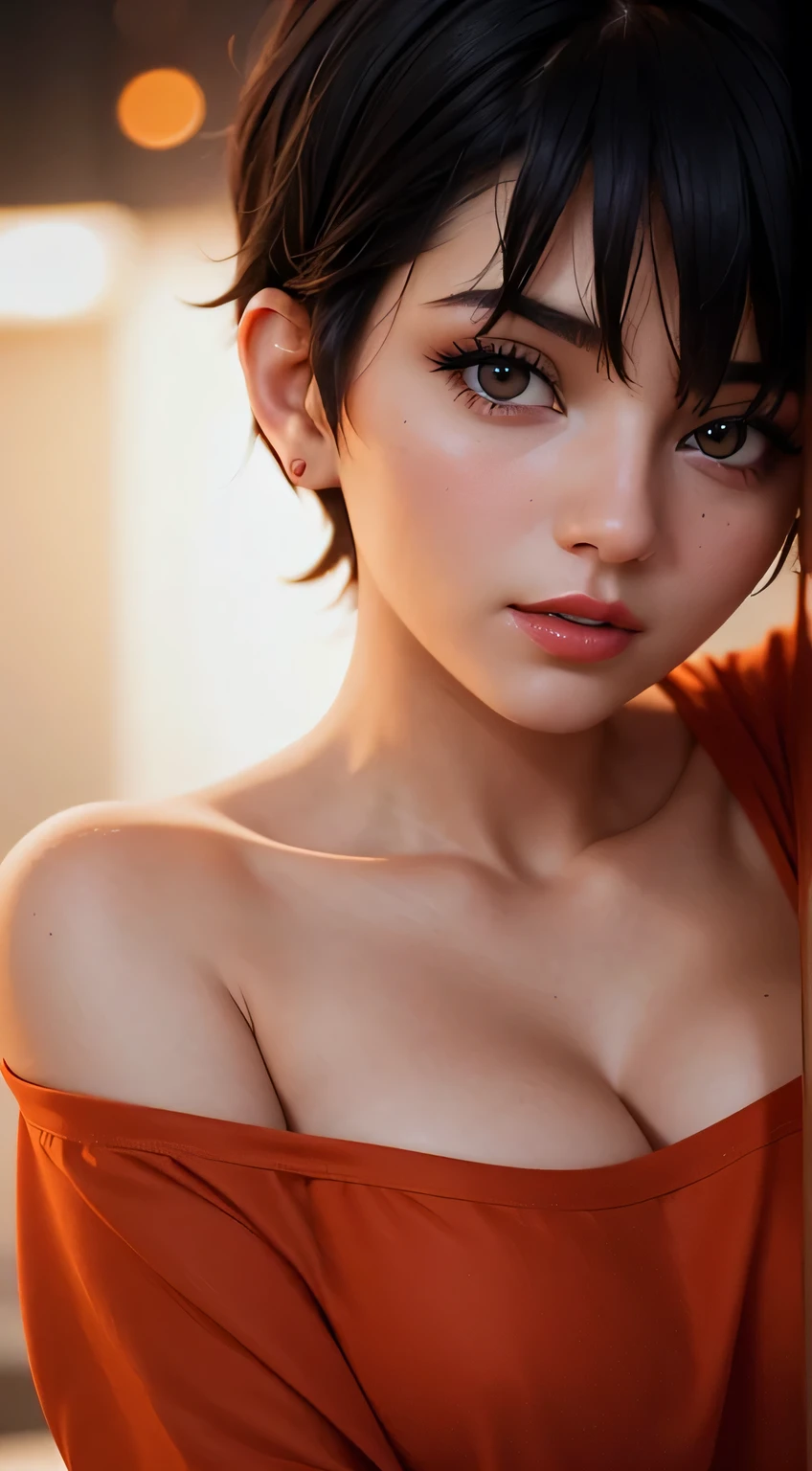 Amazing portrait of a woman who is 30 years old and an adult and a sexy woman with short black hair wearing an oversized off shoulder orange t shirt during night time with soft lighting showcasing her red lips and her beautiful face in detail and close up 