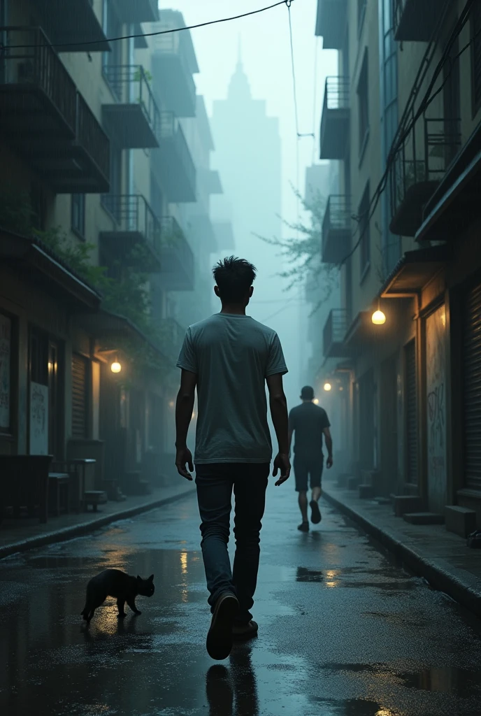 A Young man with a tshirt and jeans, walking away down a street, in a dark city surrounded by fog, rainy day, in the morning light, with high degraded buildings, a cat running to a garbage dumpster, some people walking around.