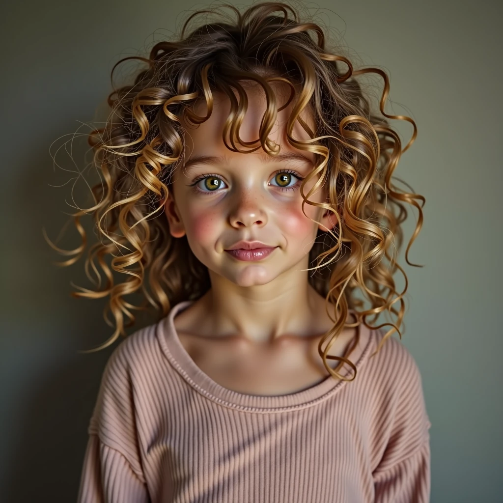 (One lady)、"Full length portrait of attractive 7 year old girl with curly hay colored hair, Hairstyles in the late 80s, small freckles, Beautiful face, Seductive dark blue eyes, and moderate breast size, Show off your natural beauty."