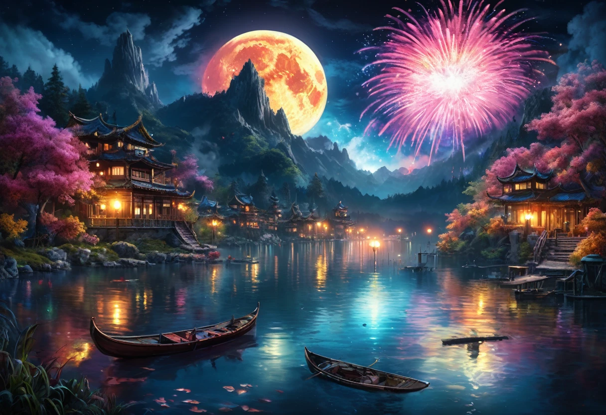 8k, 超High resolution, High resolution, Cinematic, Cinematic image, Intricate details, Realistic, photograph,

Fantasy art style, mysterious, Night Sky、Lots of fireworks、full moon、water surface、Lake Vivid Style, Flowing and intermingling colors. Airbrush painting.

