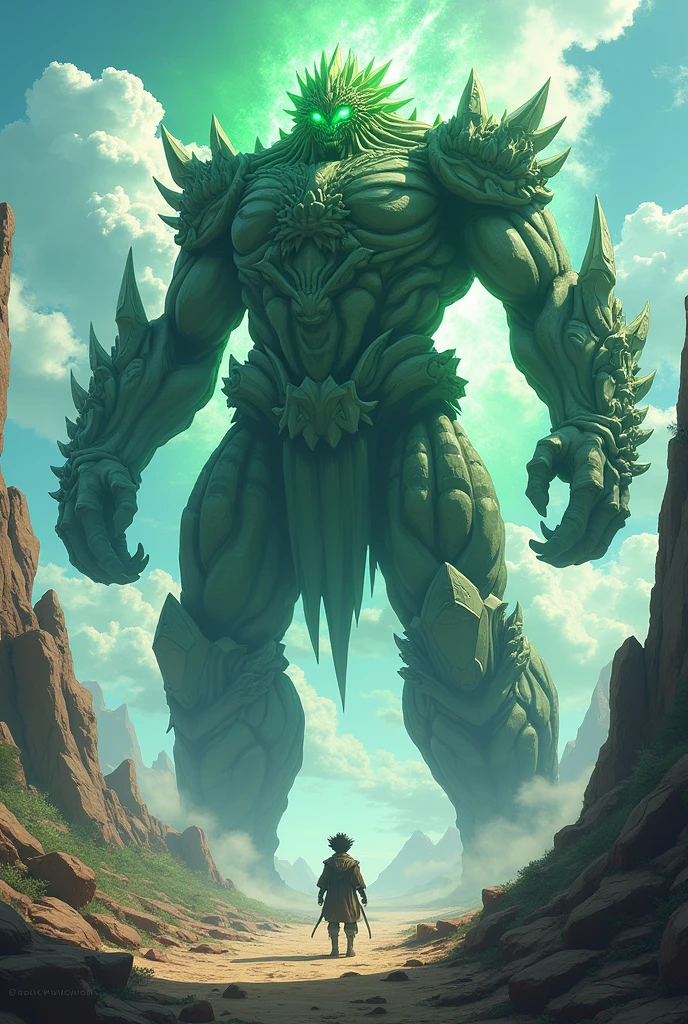 No estilo do anime black clover. Make a colossal and majestic figure: an Earth Elemental Titan A gigantic entity, made from ancient rocks and minerals, rises from the ground, their immense and powerful forms. Your eyes glow with an intense green light, and the ground itself seems to respond to his command.