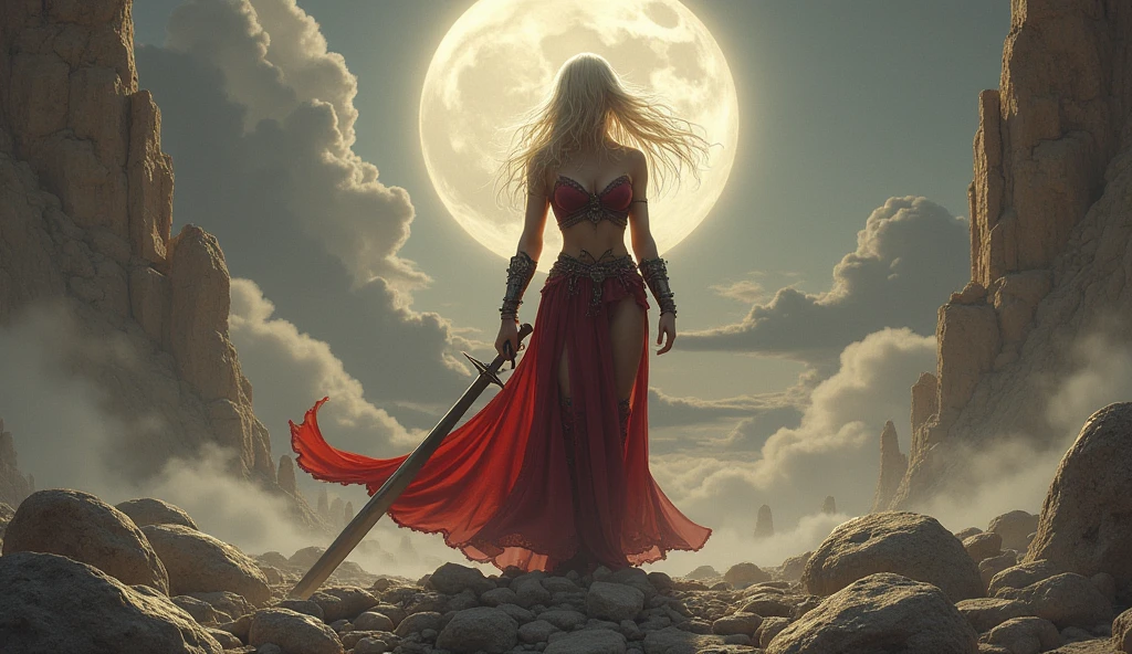 beautiful girl, beautiful , warhammer 40000, sword, stands on a pile of stones. beautiful 