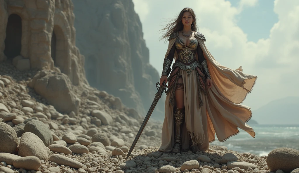 beautiful girl, beautiful breasts, warhammer 40000, sword, stands on a pile of stones. beautiful hips