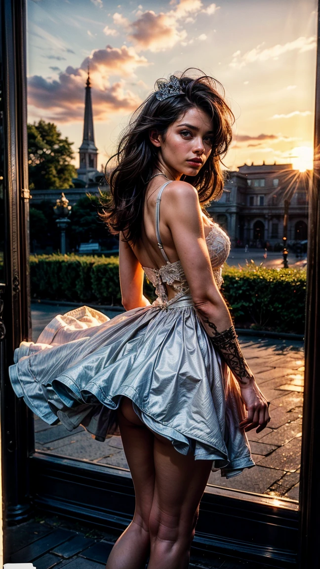 View from behind, Cinderella princess, wearing a dress , wind blowing up dress, revealing lace thong panties, , outside palace, sunset, Polaroid, Kodak portra 400, dof 85mm, arms on head,