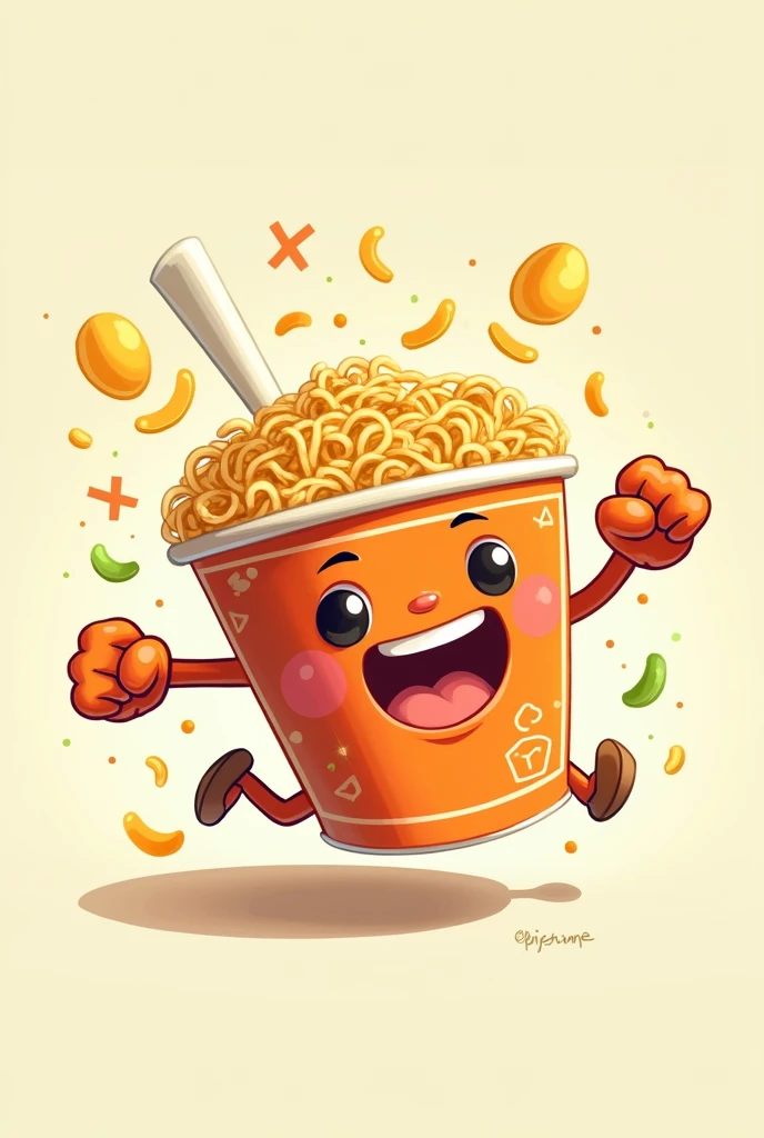 A cute cup noodle illustration character is facing forward and doing a high-speed punch pose。