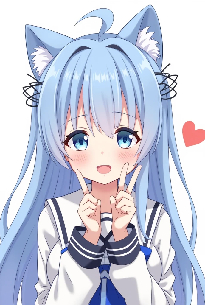 One girl, blue eyes, Long Hair, Blue Hair, Long sleeve, bangs, Cat ear, hair ornaments, Sleeves are longer than the wrist, blush, Staring at the audience, Hair between the eyes,beautiful girl, Heart symbol on background,High School Uniform,smile,16 years old,Fellatio gestures,Open your mouth,saliva