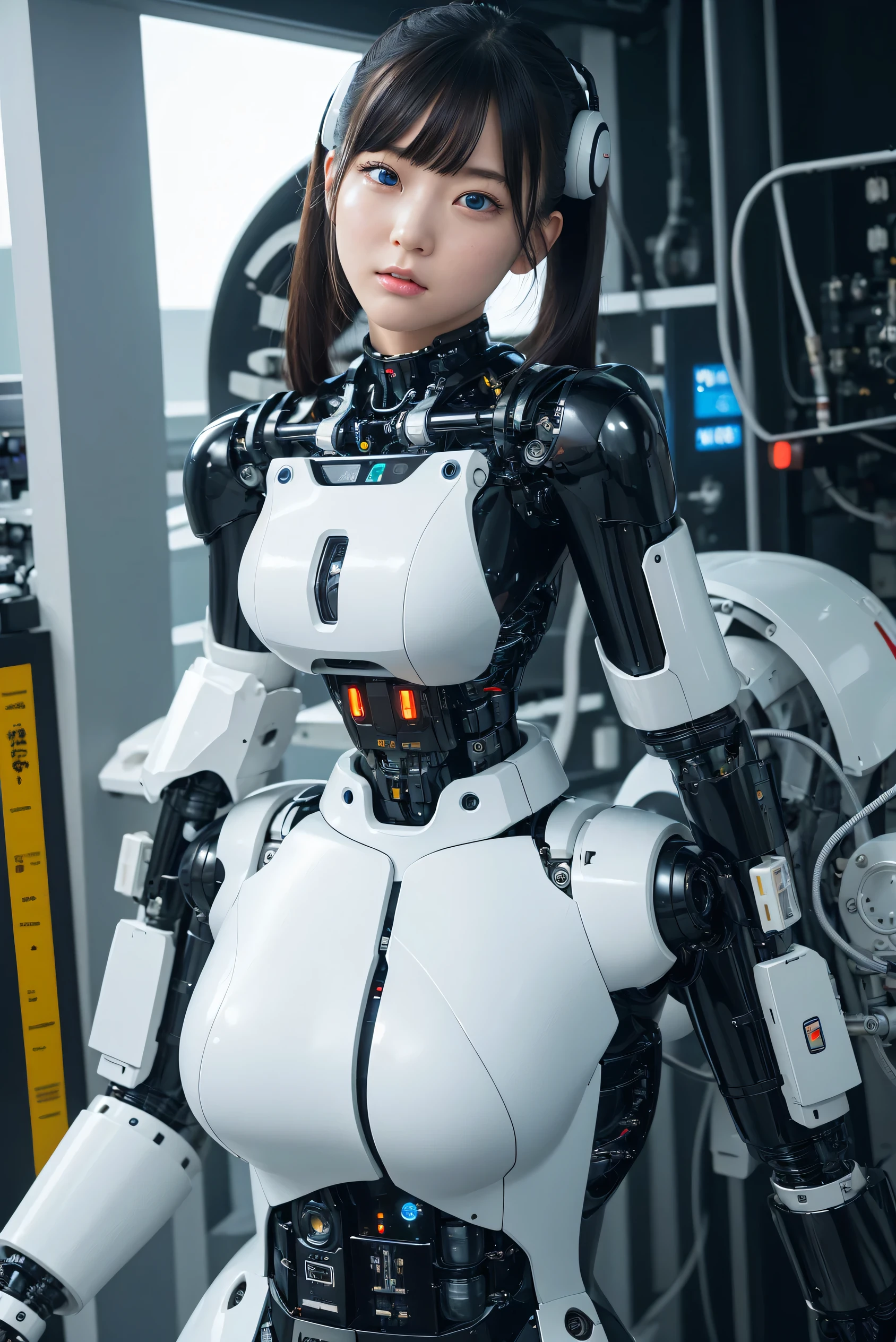 masterpiece, best quality, extremely detailed, portrait,Japaese android girl,Plump,a bit chubby,control panels,android,Droid,Mechanical Hand, ,Robot arms and legs, Black hair,Mechanical body,Blunt bangs,White Robotics Parts,perfect robot woman,Charging spot,Long Tube,A thick cable was connected to her neck,perfect mechanical body,white robotics body,future assembly plant,white body,She has repaired,black sponge joints,android assembly plant,android,laboratory,perfect machine body,white robot body,blue eyes