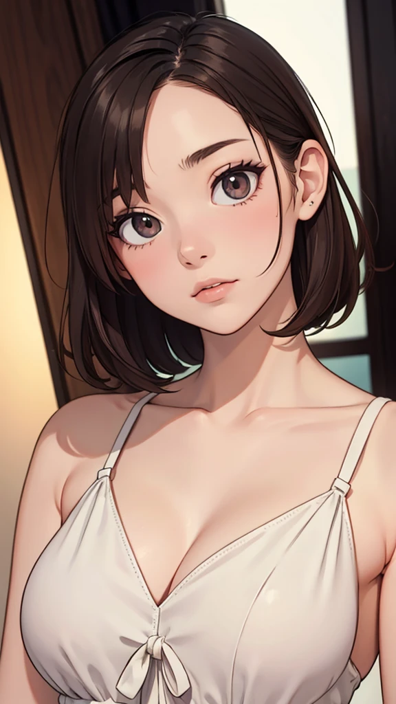 (((masterpiece, best quality, ultra highres, 1 girl, solo, no background))), super detailed skin and face and eyes and finger, beautiful japanese woman, small breasts:1.5, skinny, light brown hair, very short pixie hair, cowboy shot, The background should be simple, outline, anime, 2d, boyish, expressionless, cartoon, dress,