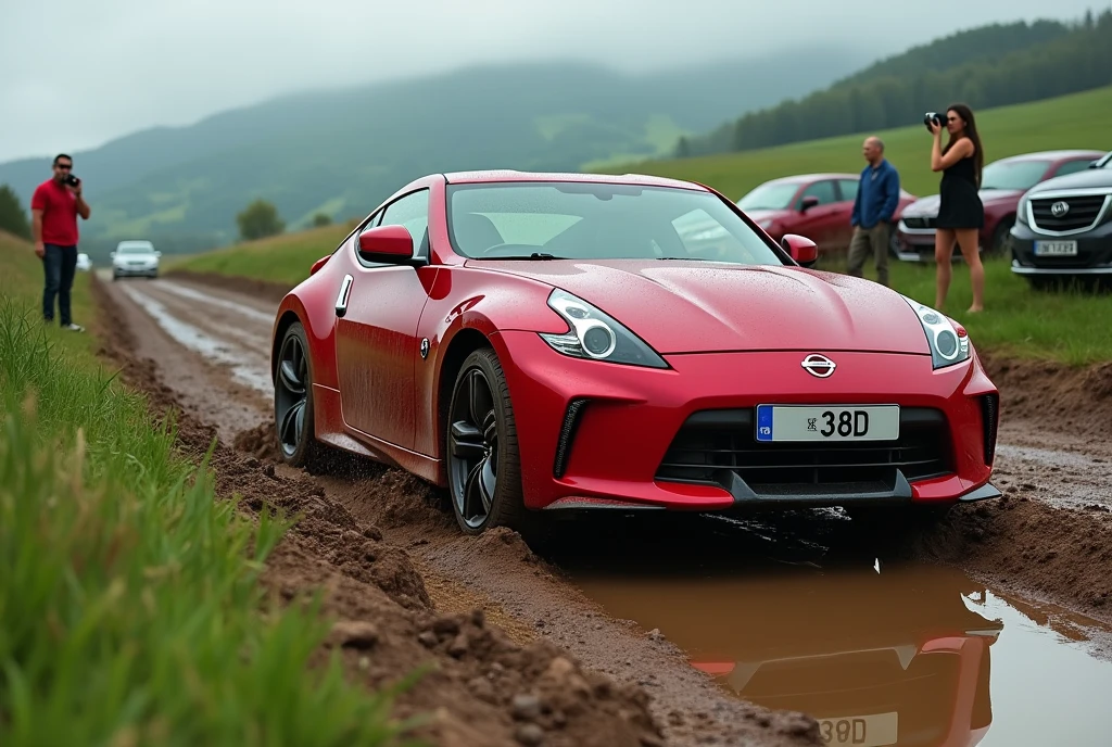 A high-resolution photograph capturing the moment of a stunning pretty lady attempting to navigate her red Nissan 370Z up a treacherous, muddy hill. The car's rear wheels spin furiously, deeply submerged in the mud, while the pristine shiny front wheels remain stationary, emphasizing the futile situation. The driver's frustration and embarrassment are palpable through the closed car window. An onlooker captures her predicament, while a man in casual attire disregards her struggle. The rural countryside backdrop features a grassy roadside, parked cars, and a backdrop of overcast clouds, greenery, and small hills. The zoomed-in shot and side perspective create a captivating impact, emphasizing the driver lady's dark makeup face with unease expression through the car window.