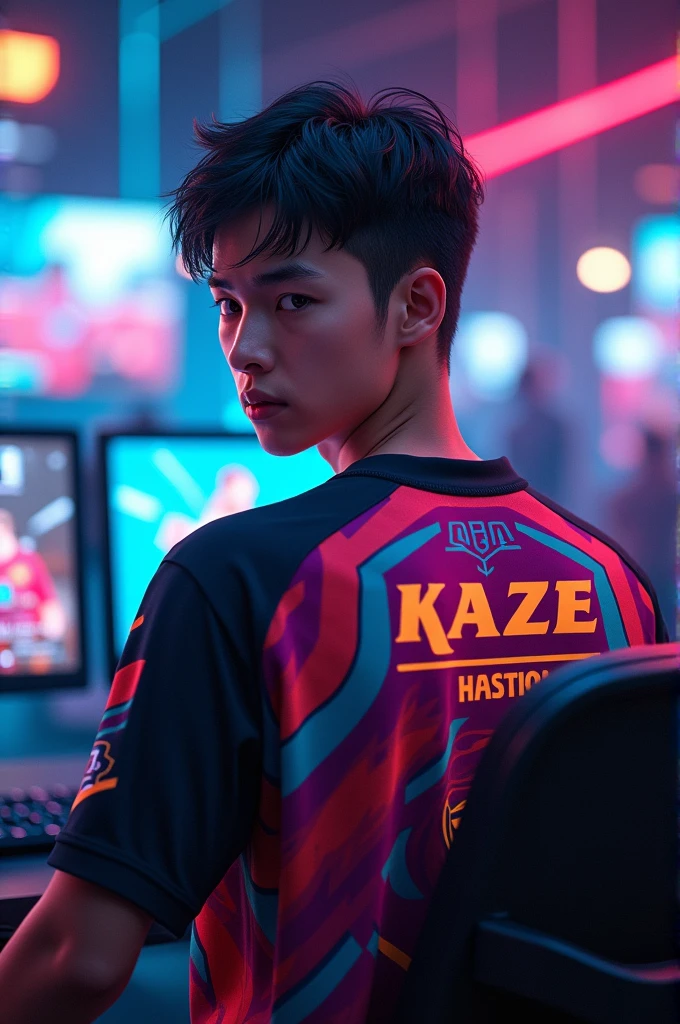 A young man gamer wearing esports jersy with a name of "K A Z E" at the back