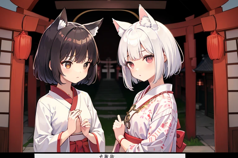(Printed Polaroid Photo\(2females および2人の女の子 cute,cute Five fingers Five fingers Small wolf ears Small wolf ears White Shorthair Brown short hair Petite Petite Normal chest Normal chest first round first round Shrine maiden Shrine maiden In the background is the entrance to the shrine.