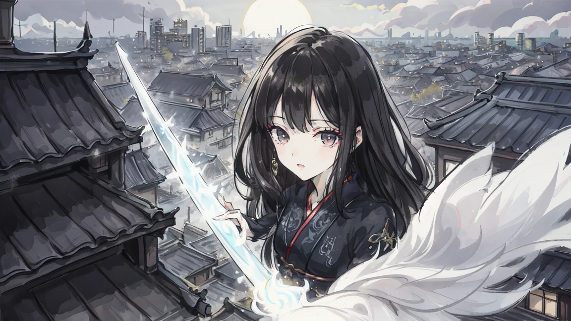 Featured Painting-Style Artworks, Highest quality, Super Fine, 16K, Incredibly absurd, Very detailed, delicate, Flashy and dynamic depiction, Beautiful female ninja, With a short sword, Moonlit Night, Black Costume, Black Hair, (Background Rooftop Edo:1.3)
