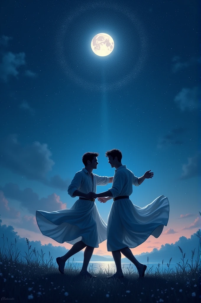 Two men dance under the moonlight. There are many stars in the sky.