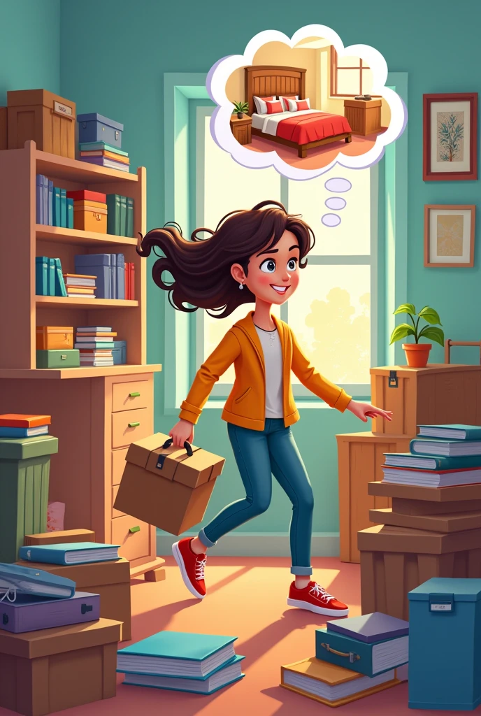 Scene 5: Packing to Go Home**
- **Visual Description**: A busy shot of Sara frantically packing her bag to leave for home from hostel, and she has a determined look on her face. Show a bubble of her imagining her bed in her own room at home
. Use same character as last use cartoon cartoon character as sara 