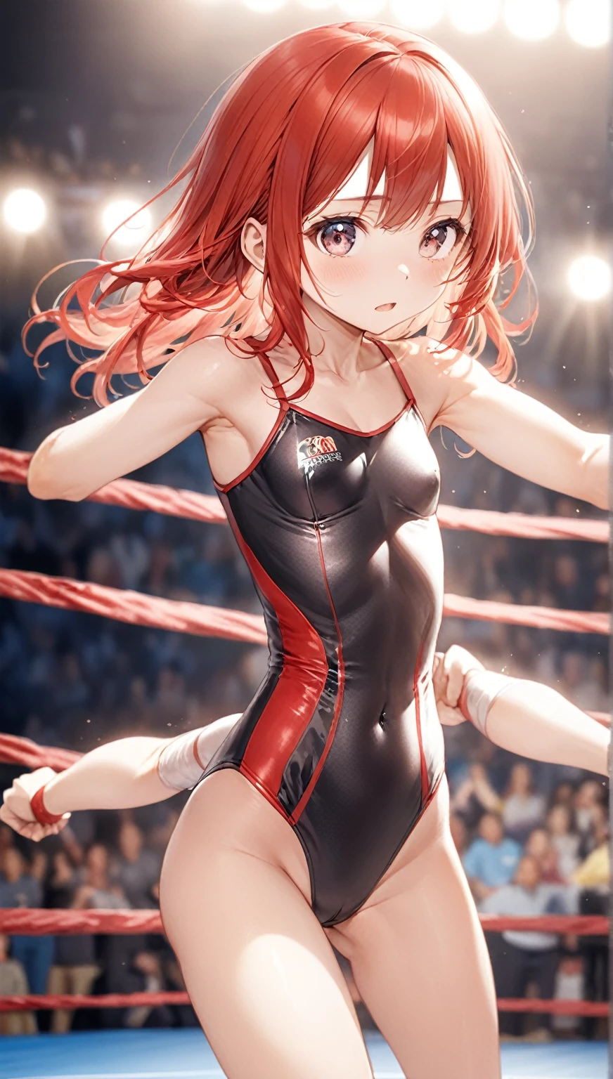 (Highest quality,8k,32K,masterpiece,Ultra-high resolution :1.2 ),born,One girl,Super cute,Natural light,Clear, shining eyes,20-year-old,Fair skin,wrestlingな電子世界のファンタジー背景,Red Hair,Small breasts,wrestling,leotard,fight