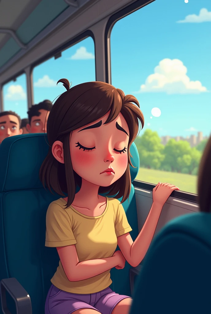 On the Bus**
- **Visual Description**: Inside a bus, Sara a cartoon teen sits in a window seat, looking uncomfortable. Her head is slightly tilted, showing she’s trying to catch some sleep but jerking awake due to the bumps.