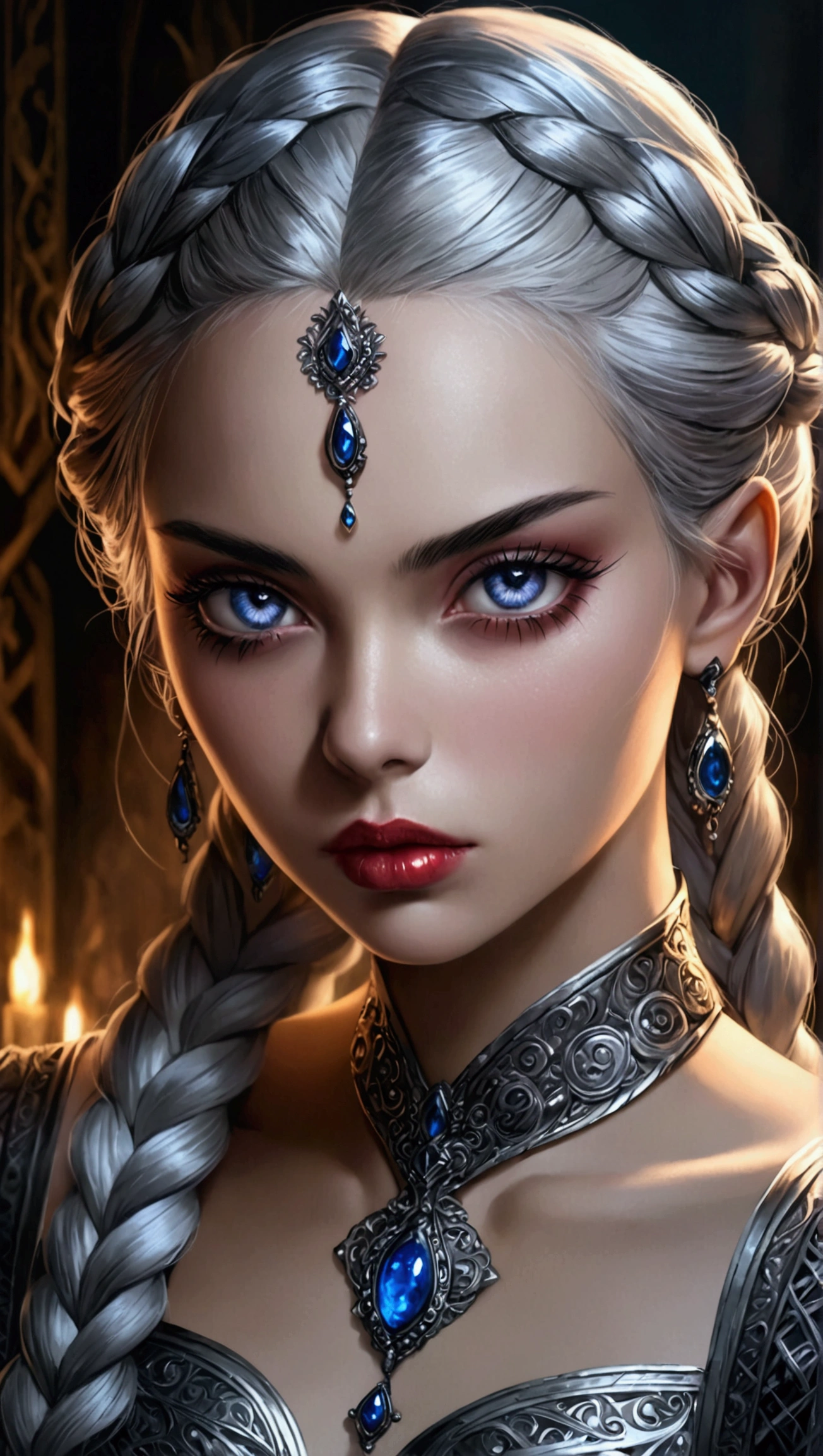 a 22 year old girl with silver braided hair, intimidating expression, dark fantasy, detailed face, beautiful detailed eyes, long eyelashes, beautiful detailed lips, high quality, intricate details, cinematic lighting, dramatic colors, photorealistic, fantasy art, digital painting, concept art, 8k, hyperrealistic, hyper detailed