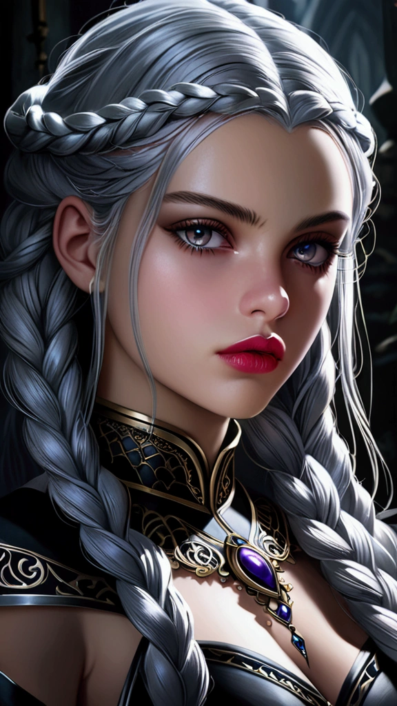 a 22 year old girl with silver braided hair, intimidating expression, dark fantasy, detailed face, beautiful detailed eyes, long eyelashes, beautiful detailed lips, high quality, intricate details, cinematic lighting, dramatic colors, photorealistic, fantasy art, digital painting, concept art, 8k, hyperrealistic, hyper detailed