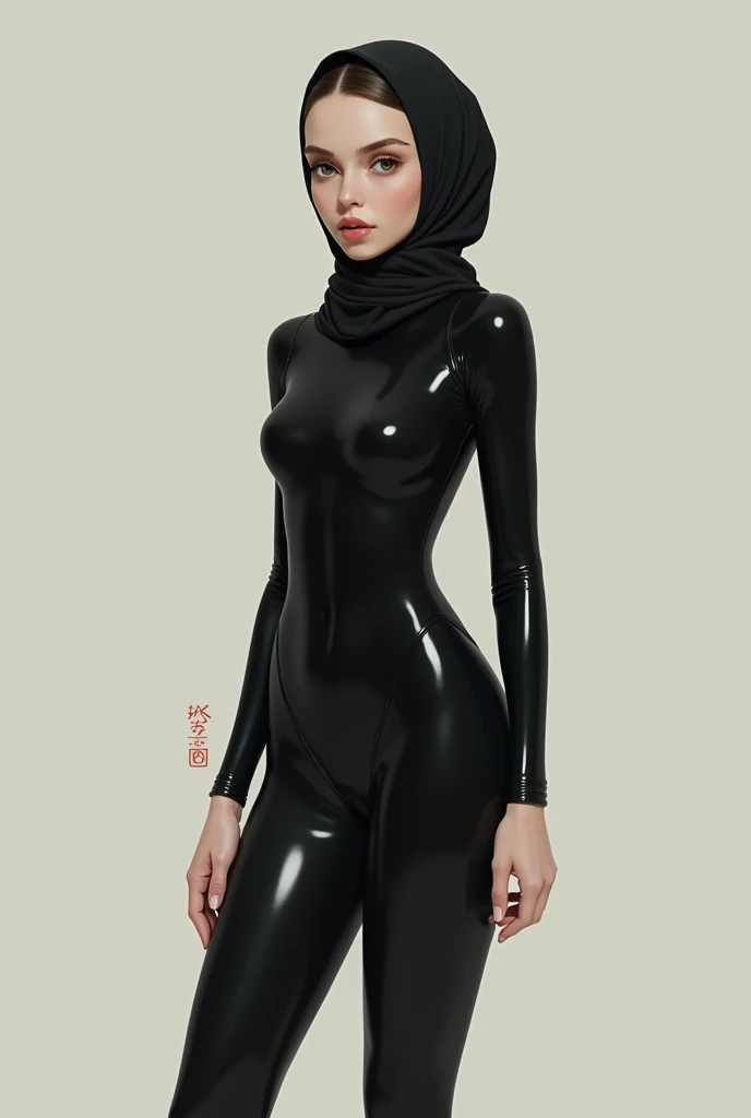 A girl wearing hijab . Innocent face. Long leg. Wearing full body black latex suit. High quality. High resolution