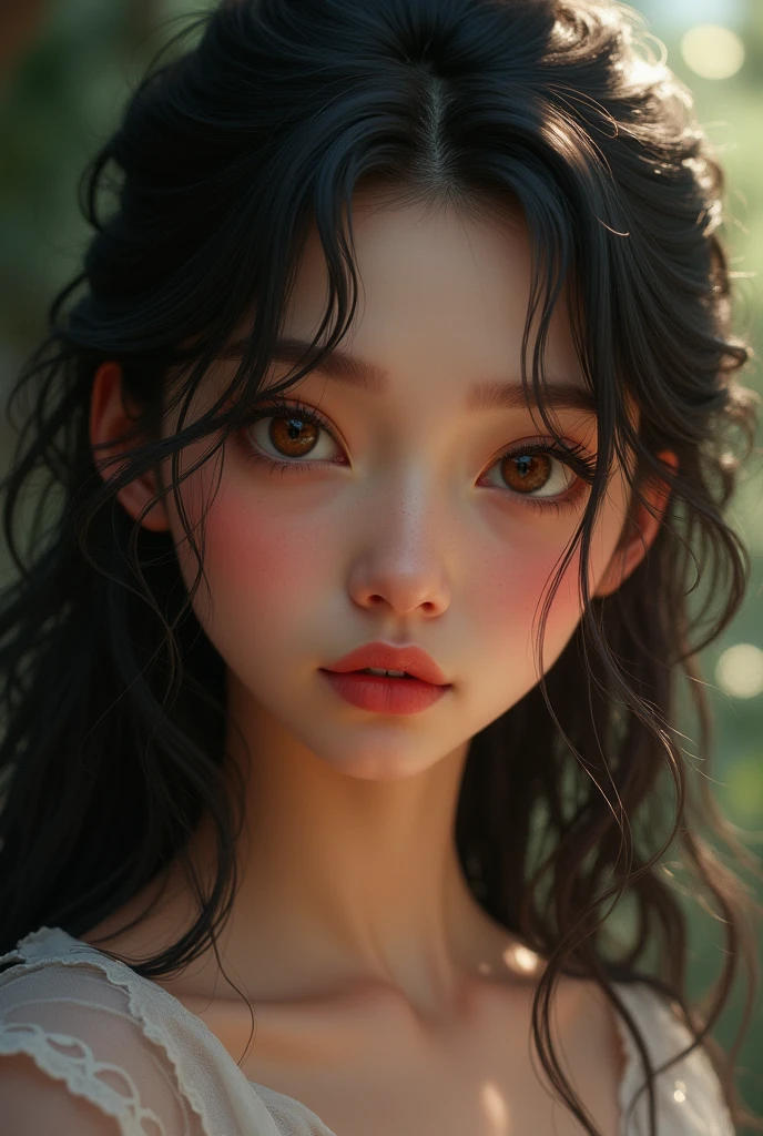 Imagine a woman with dark wavy hair, very long and full falling softly over the shoulders. The hair has a subtle shine and well-defined waves, giving an air of movement and fluidity. Eyes are large and expressive, with a shine and dark brown color that highlights your natural beauty. the image is in the style of Disney animated films