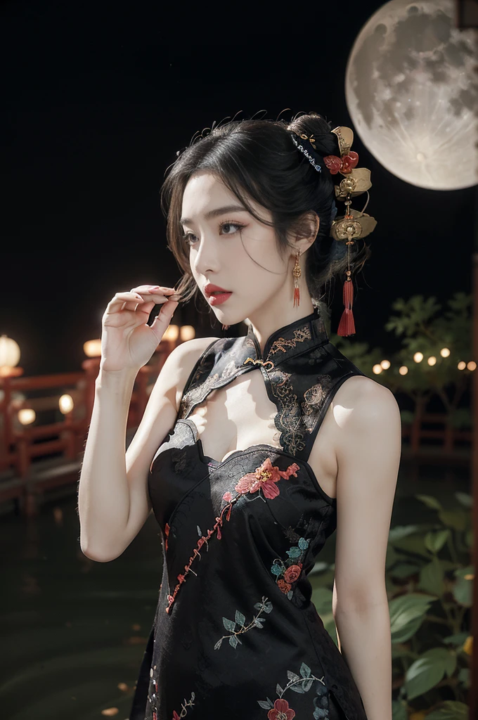 (((best quality))),(((ultra detailed))),(((masterpiece))),illustration,((1 beautiful girl,solo)),(bun hair:1.2),(Ghostly makeup:1.3),(fair skin:1.5),(red lips:1.2),(earrings:1.2),((slim,thin)),((small breasts,flat chest,cleavage)),(black floral embroidered lace sleeveless cheongsam:1.5),(thigh loop:1.3),(slender legs:1.2),(stockings:1.3),(standing:1.3),(A huge moon in the sky:1.3),(moonlit Chinese garden courtyard:1.3),(Ghost Festival:1.3),(Ghostly flames are drifting in the air:1.3),elegant and sophisticated,intricate patterns,curves,dark color,striking visual appeal,ethereal,enchanting,ghostly black blossoms,swaying branches,stone pathways,moss,eerie shadows,ancient pavilion,intricate wooden structure,mystery and intrigue,cicadas chirping,auditory symphony,embodiment of the festival's spirit,bathed in the moon's glow,delicate features,raven-black hair,waterfall of darkness,moon's luminance,captivating allure,sleek fabric,clung to frame,accentuating curves,highlighting beauty,striking appearance,ethereal beauty,hauntingly beautiful scene,captured essence,blend of beauty and mystery,(night scene:1.3),((from front,upper body))