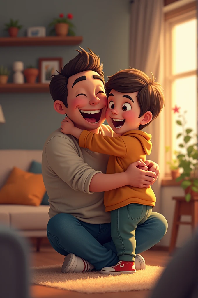 Create aboy sitting with his father and laughing