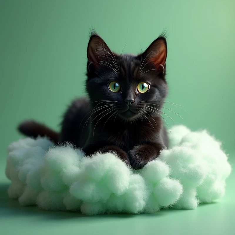 black cat around beautiful fur with open eyes on foam with green background