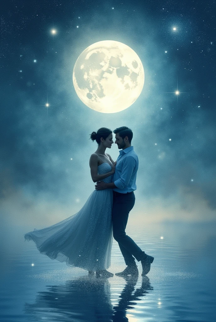 Two men dance under the moonlight. There are many stars in the sky,watercolor 