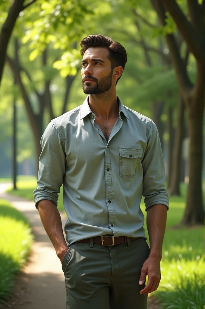 Hyper realistic picture of man 30 years old in a park